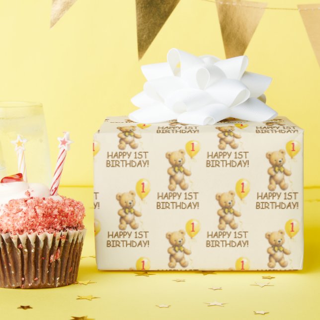 Papier Cadeau Joyeux 1er Anniversaire, Ours, Unisex Premier Anni (Fête d'anniversaire)