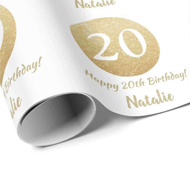 Papier Cadeau Joyeux 20e anniversaire Parties scintillant or et  (Coin rond)