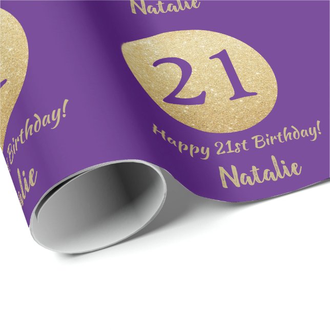 Papier Cadeau Joyeux 21e anniversaire Purple et Parties scintill (Coin rond)