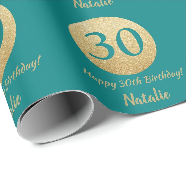 Papier Cadeau Joyeux 30e anniversaire Turquoise et Parties scint (Coin rond)