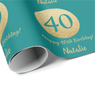 Papier Cadeau Joyeux 40e anniversaire Turquoise et Parties scint