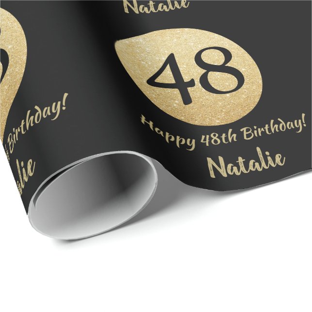 Papier Cadeau Joyeux 48e anniversaire Parties scintillant Noir e (Coin rond)