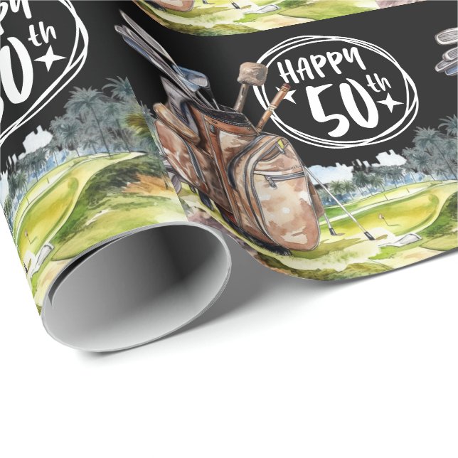 Papier Cadeau Joyeux 50e anniversaire au golfeur (Coin rond)