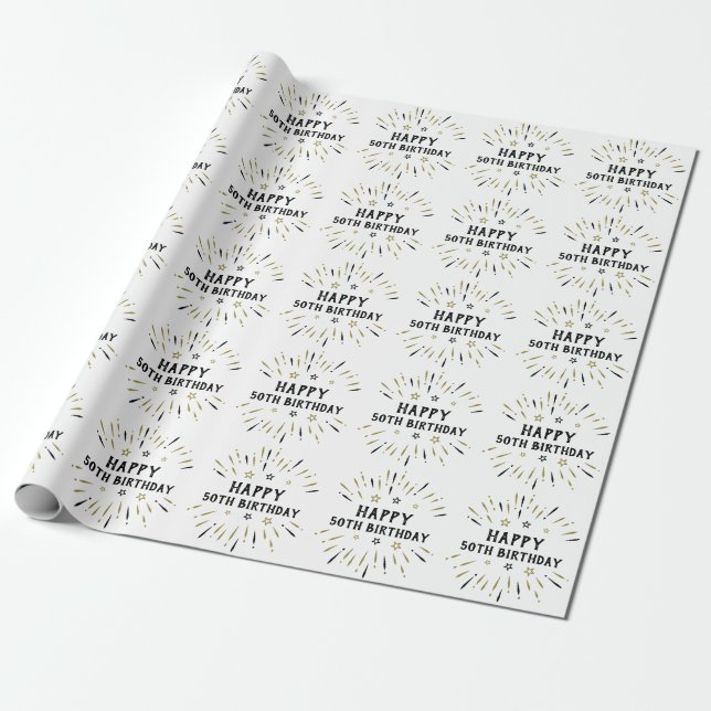 Papier Cadeau Joyeux 50e anniversaire feux d'artifice Blanc Blac (Déroulé)