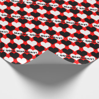 Papier Cadeau Joyeux 50e anniversaire Noir/Blanc/Coeurs rouges