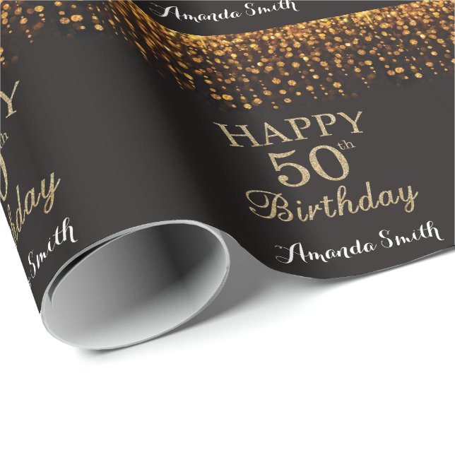 Papier Cadeau Joyeux 50e anniversaire Parties scintillant Noire  (Coin rond)
