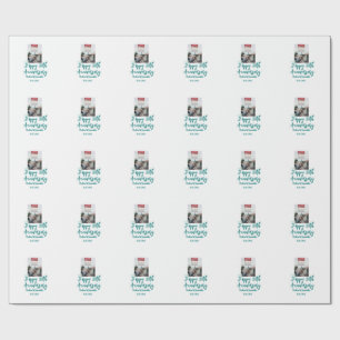 Papier Cadeau Joyeux 50e anniversaire photo nœud turquoise nom d