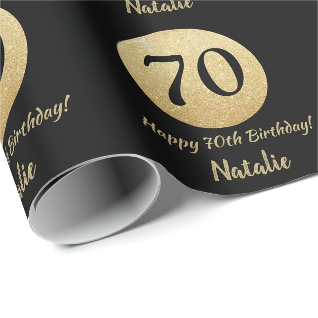 Papier Cadeau Joyeux 70e anniversaire Parties scintillant Noir e (Coin rond)
