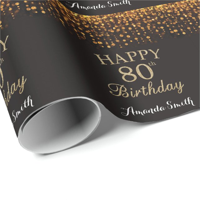 Papier Cadeau Joyeux 80e anniversaire Parties scintillant Noire  (Coin rond)