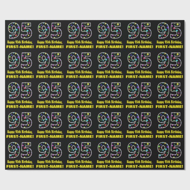 Papier Cadeau Joyeux 95e anniversaire, Fun Colorful Stars Motif  (Plat)