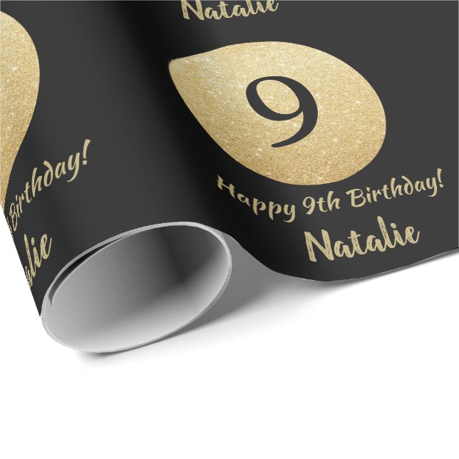 Papier Cadeau Joyeux 9e anniversaire Parties scintillant noir et (Coin rond)