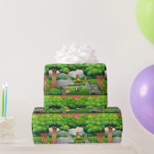 Papier Cadeau Joyeux animaux de la Jungle dans un paysage