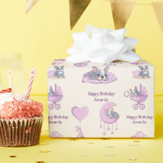 Papier Cadeau Joyeux Anniversaire Bébé Fille Rose Mignon Bouledo