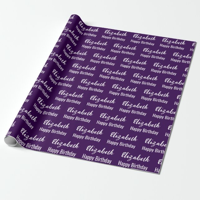 Papier Cadeau Joyeux Anniversaire Blanc Nom Script foncé violet (Déroulé)