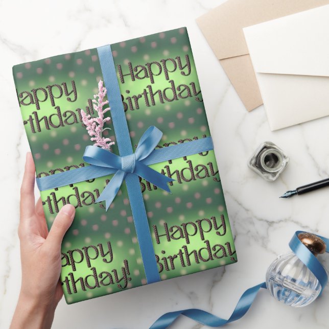 Papier Cadeau Joyeux Anniversaire Brown Polka Dot Texte Vert Bkg (Cadeaux)