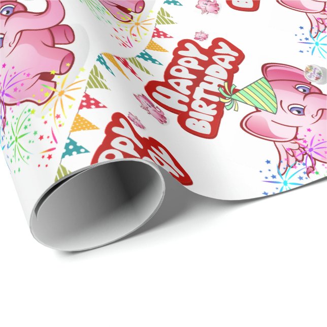 Papier Cadeau Joyeux Anniversaire Cadeau Papier Papier Pig Rose (Coin rond)