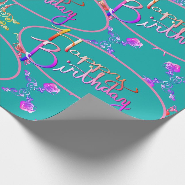 Papier Cadeau "Joyeux anniversaire" Coeurs Roses sur papier Teal (Coin)
