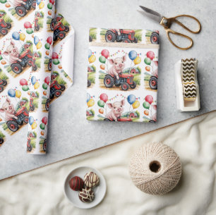 Papier Cadeau Joyeux Anniversaire de Cochon de Ferme Mignon sur 