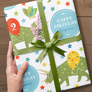 Papier Cadeau Joyeux Anniversaire Dinosaur Tricératops Nom Age