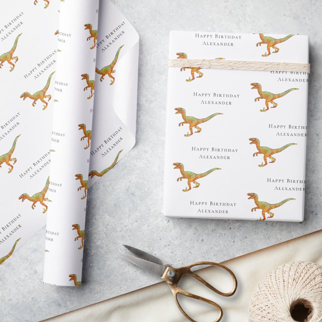 Papier Cadeau Joyeux Anniversaire Dinosaure avec Prénom Garçon P (Personalized boy name Dinosaur velociraptor happy birthday gift wrapping paper Jurassic dino raptor)