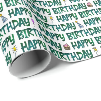 Papier Cadeau Joyeux Anniversaire Fond de Texte Vert Foncé Motif