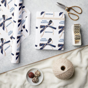 Papier Cadeau Joyeux Anniversaire Kraft Blue Bows Wrapper Pape