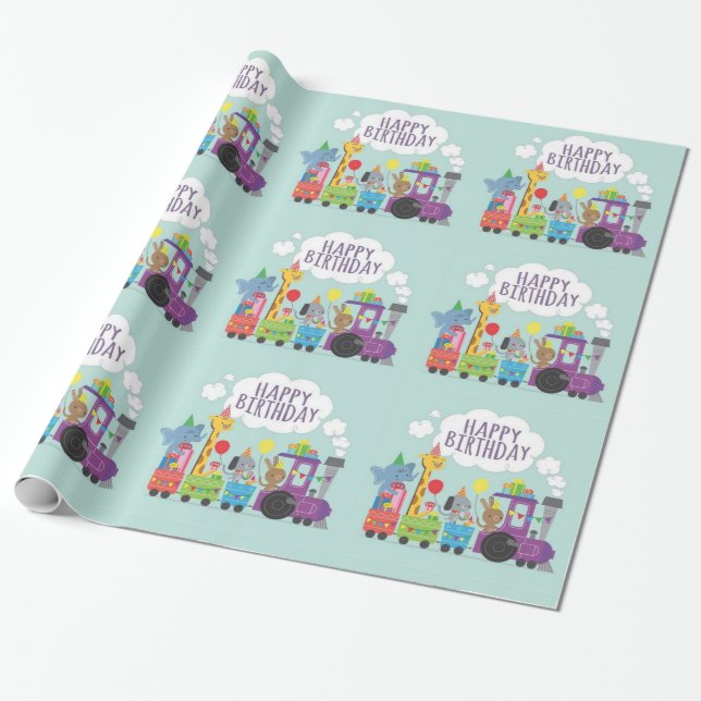 Papier Cadeau Joyeux Anniversaire mignon train animal (Déroulé)