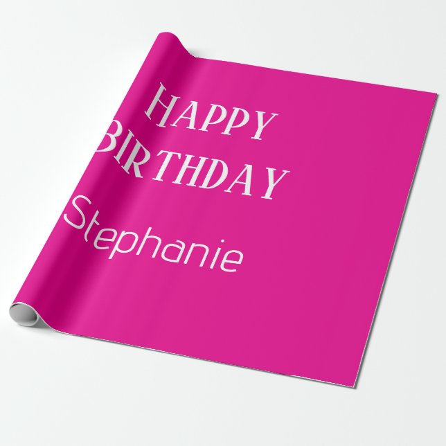 Papier Cadeau Joyeux Anniversaire Monogramme Nom Hot Rose Blanc  (Déroulé)
