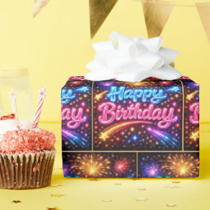 Papier Cadeau Joyeux Anniversaire Néon Feux d'Artifice et Étoile