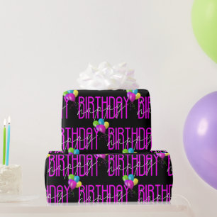 Papier Cadeau Joyeux Anniversaire Neon rose Avec Ballons