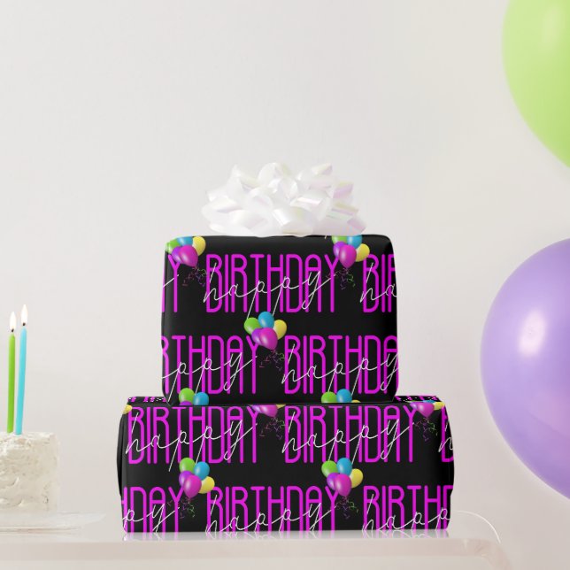 Papier Cadeau Joyeux Anniversaire Neon rose Avec Ballons (Cadeaux de fête)