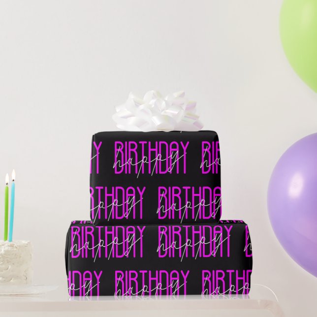 Papier Cadeau Joyeux Anniversaire Neon rose sur noir (Cadeaux de fête)