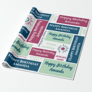 Papier Cadeau Joyeux Anniversaire Nom Blue Mint Vert rose foncé
