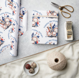 Papier Cadeau Joyeux Anniversaire Nom Blue Red Bat Baseball