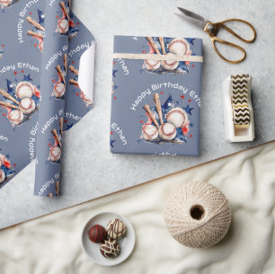 Papier Cadeau Joyeux Anniversaire Nom du Motif Blue Red Bat Base