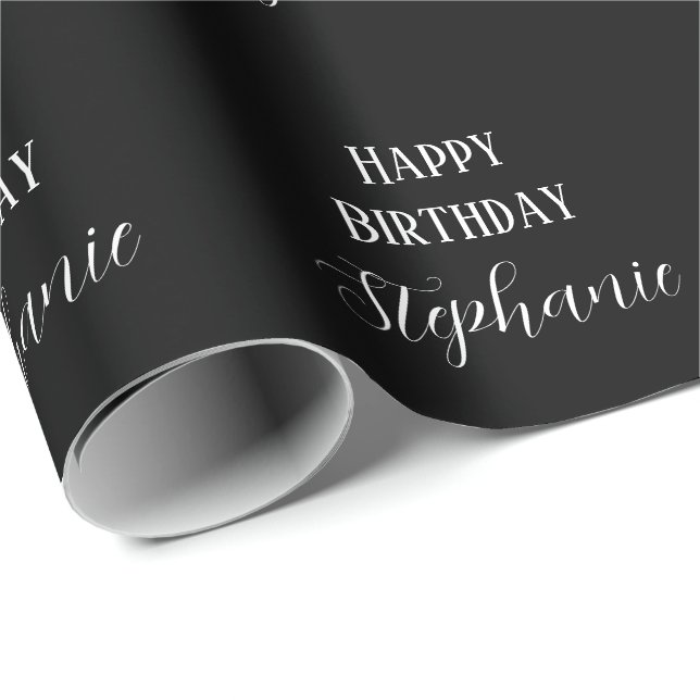 Papier Cadeau Joyeux Anniversaire Nom Monogramme noir blanc mode (Coin rond)