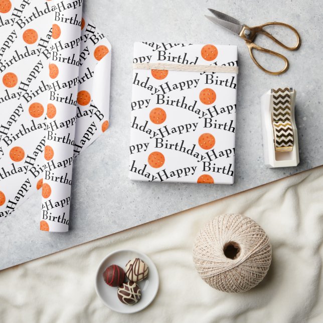 Papier Cadeau Joyeux Anniversaire Orange Pickleballs Sur Blanc (Artisanat)