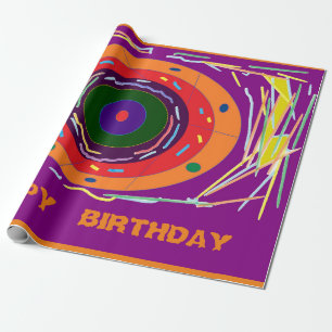 Papier Cadeau Joyeux anniversaire orange violet globes et rayure