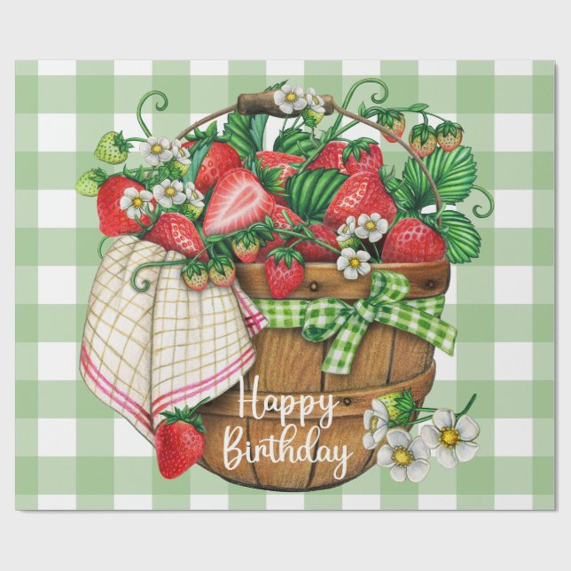 Papier Cadeau Joyeux Anniversaire Panier de fruits de fraise rus (Plat)