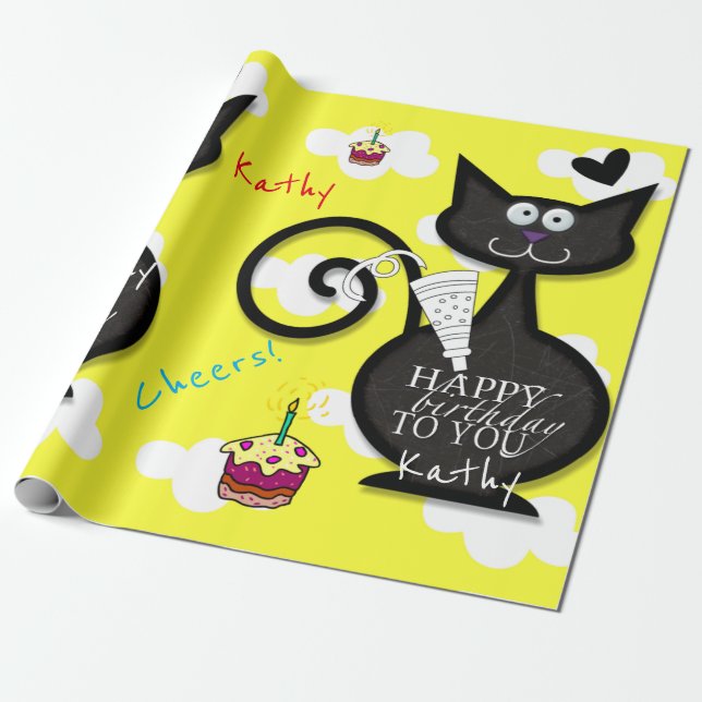 Papier Cadeau Joyeux Anniversaire Papier à envelopper Chat Dame  (Déroulé)