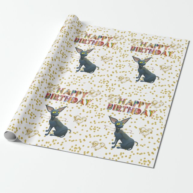 Papier Cadeau Joyeux Anniversaire Papier à envelopper Chat Dame  (Déroulé)
