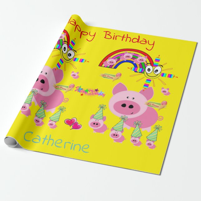 Papier Cadeau Joyeux Anniversaire Papier Pink Pigs Jaune (Déroulé)