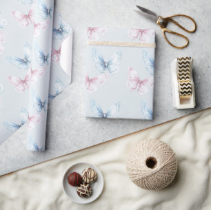 Papier Cadeau Joyeux Anniversaire Papillons Bleus Roses