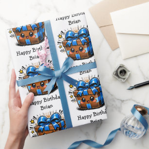 Papier Cadeau Joyeux Anniversaire Personnalisé Brun et Bleu