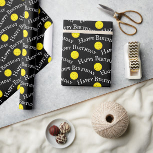 Papier Cadeau Joyeux Anniversaire Pickleballs Jaunes Sur Noir