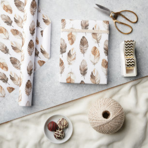 Papier Cadeau Joyeux Anniversaire Plumes Crème Marron Pêche