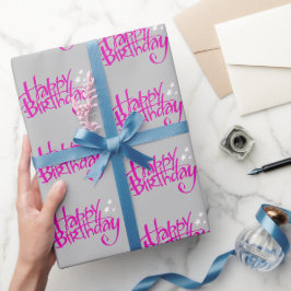Papier Cadeau Joyeux anniversaire rose sur gris