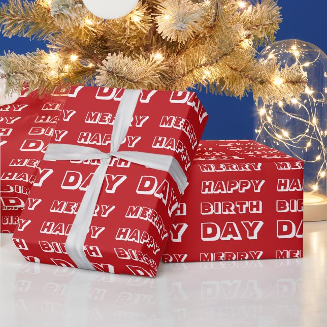 Papier Cadeau Joyeux Anniversaire rouge blanc moderne Noël (Vacances)