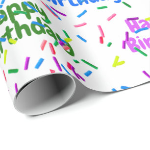 Papier Cadeau Joyeux Anniversaire Saupoudré Sur Blanc