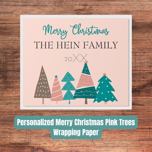 Papier Cadeau Joyeux arbres roses de Noël personnalisés (Personalized Merry Christmas Pink Trees Wrapping Paper)
